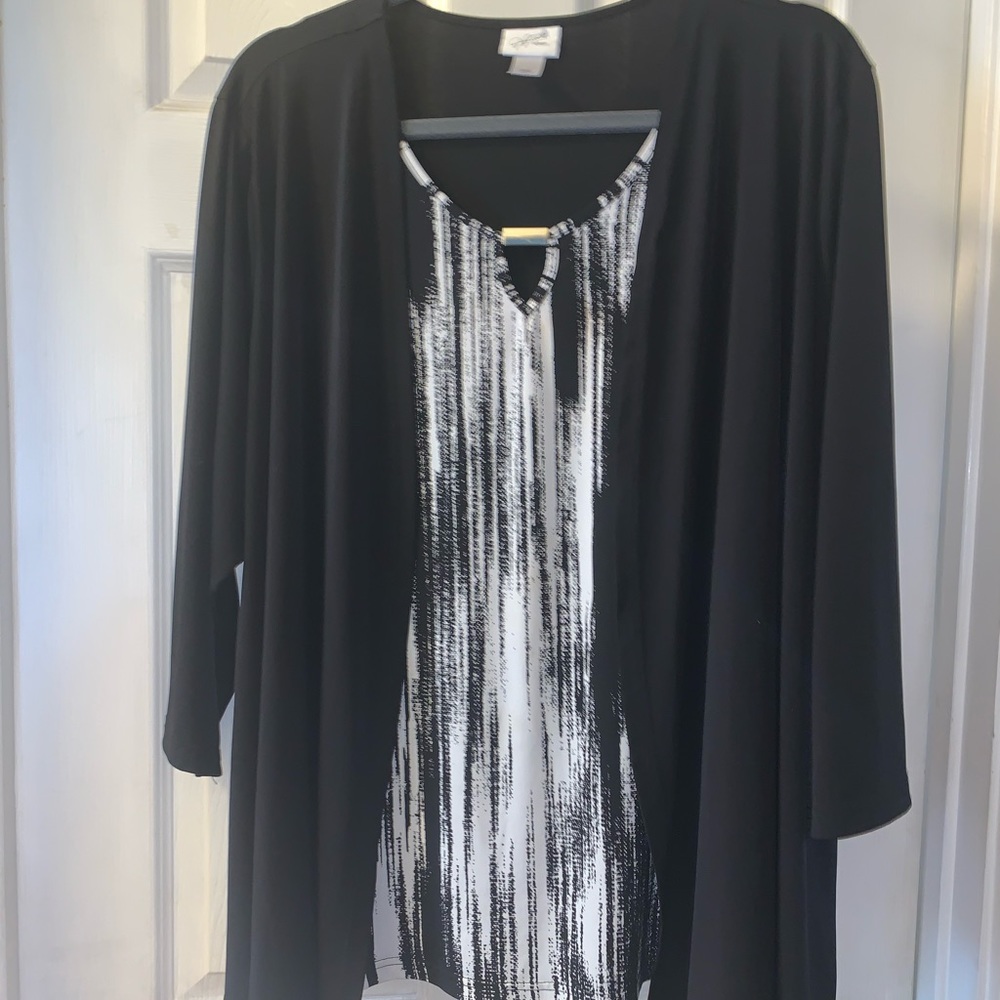 Jacklyn Smith size 2x very slimming. Looks like two pieces but is one blouse!